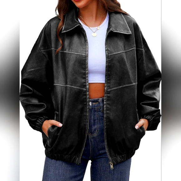 Womens Oversized Y2K Faux Leather Jackets Vintage Fashion Motorcycle Coat - Picture 2 of 13